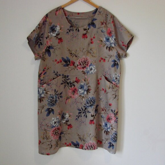 Italian Linen Midi Dress Lagenlook Made in Italy Floral Loose Fit Plus Size 2X - Picture 1 of 13